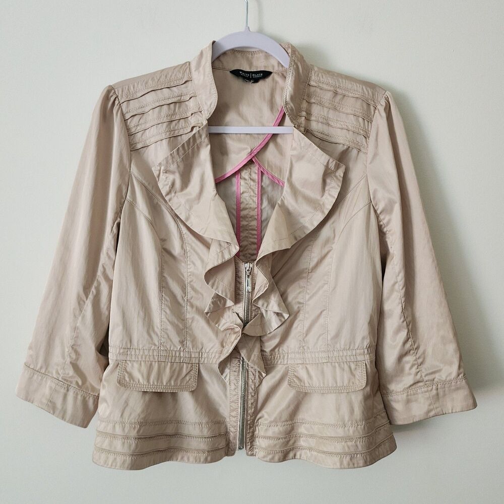 WHBM White House Black Market Full-Zip 3/4 Sleeve Ruffle Satin Jacket Beige Sz L